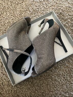 B Brian Atwood Pewter Metallic Peep-Toe Stiletto Booties